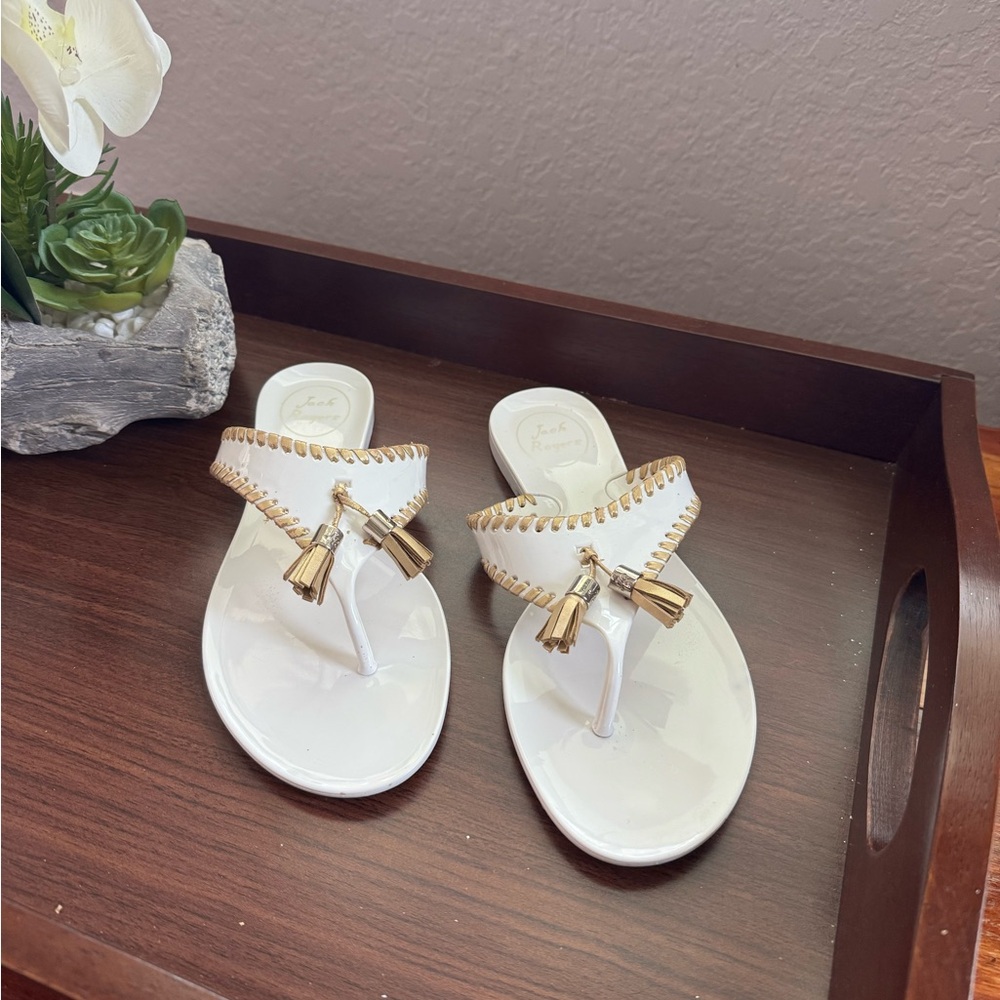 Jack Rogers White Sandals with Gold Trim